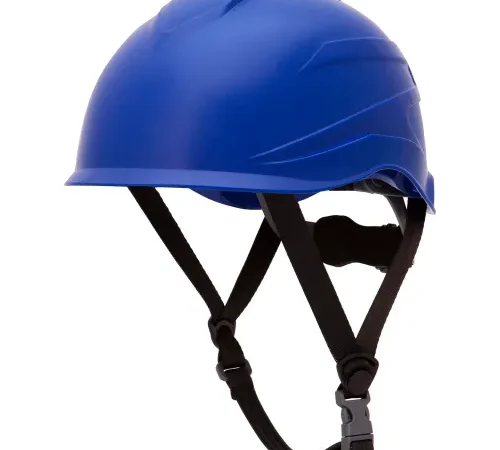 Blue safety helmet with adjustable chin strap