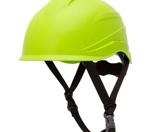 Bright lime green safety helmet with chin strap
