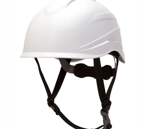 White safety helmet with black chin strap