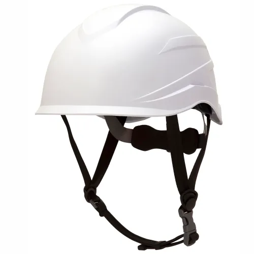 White safety helmet with black chin strap