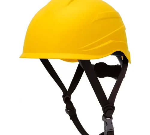 Yellow safety hard hat with adjustable chin strap