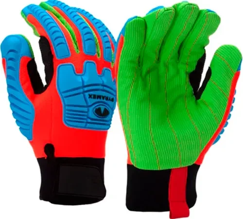 High-visibility green and blue protective work gloves