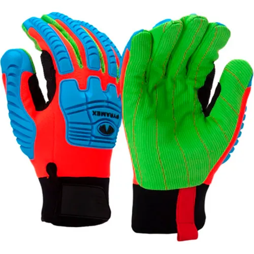 High-visibility green and blue protective work gloves