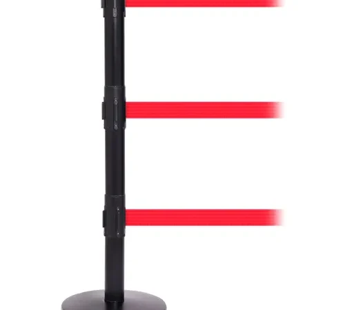 Black stanchion with three red retractable belts