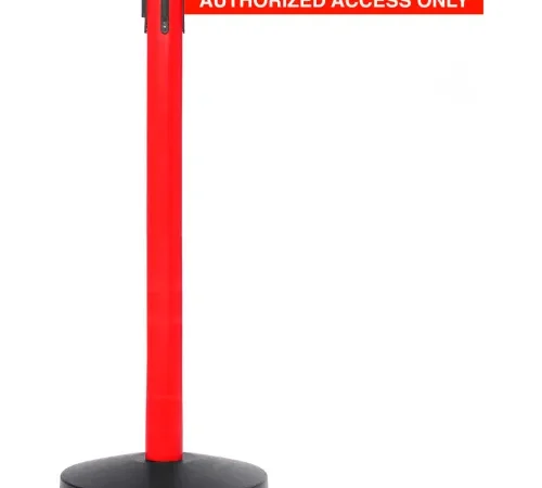 Red stanchion with authorized access only belt
