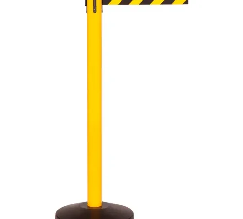 Yellow retractable belt stanchion with striped tape