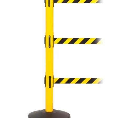 Yellow safety stanchion with three striped belts
