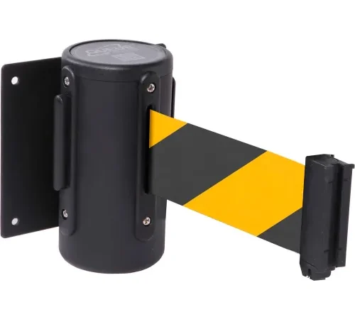 Wall-mounted black and yellow retractable belt