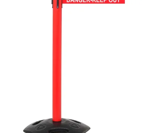 Red stanchion with danger keep out belt