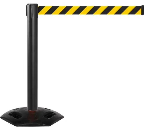 Retractable stanchion with yellow-black striped belt