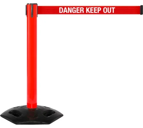 Red stanchion with "Danger Keep Out" tape