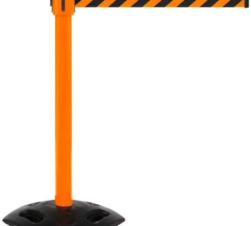 Orange retractable belt stanchion with striped tape