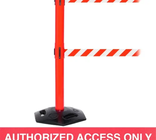 Red stanchion and Authorized Access Only banner