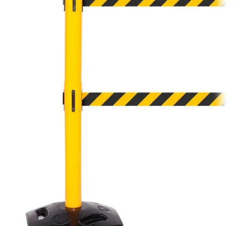 Yellow stanchion with retractable caution belts