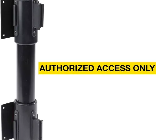 Wall-mounted retractable belt with "AUTHORIZED ACCESS ONLY