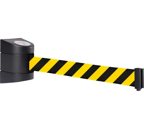 Wall-mounted retractable yellow-black safety barrier