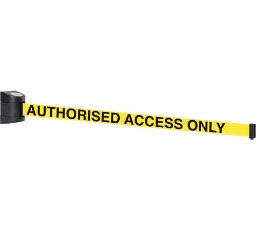 Yellow retractable belt reading "AUTHORISED ACCESS ONLY