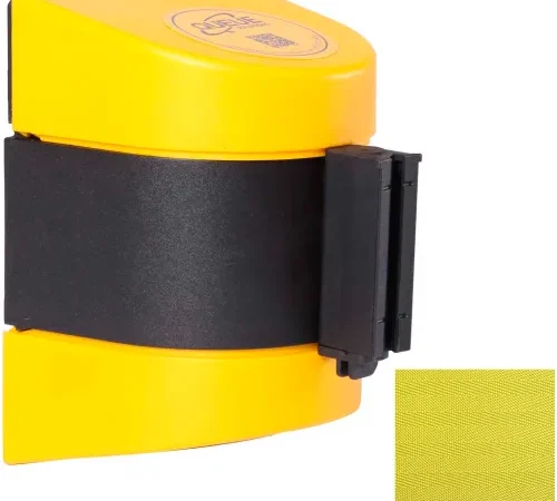 Yellow wall-mounted retractable belt dispenser