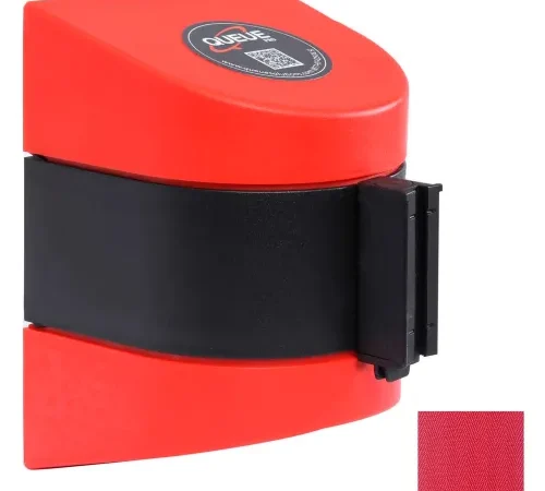 Red and black retractable queue barrier dispenser