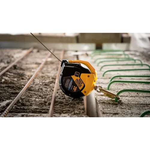 Yellow self-retracting lifeline anchored to rebar