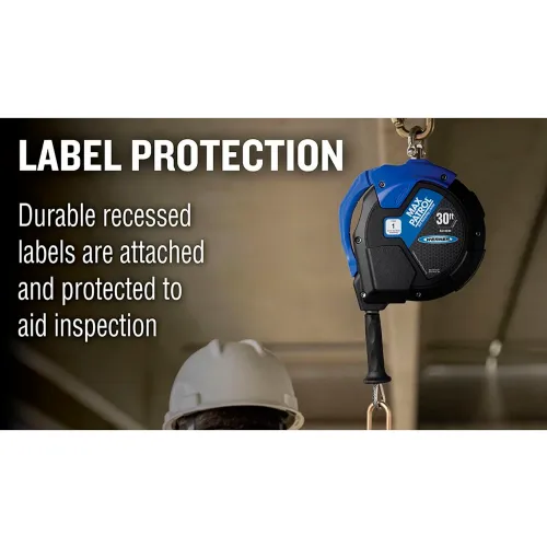 Blue retractable safety lifeline with protected label