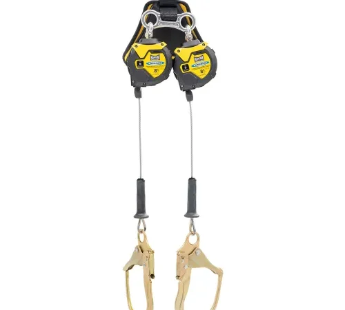 Twin yellow retractable lifelines with hooks