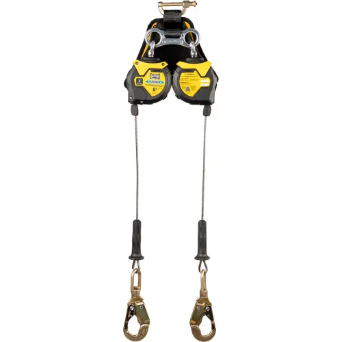 Yellow dual-leg retractable safety lifeline with hooks