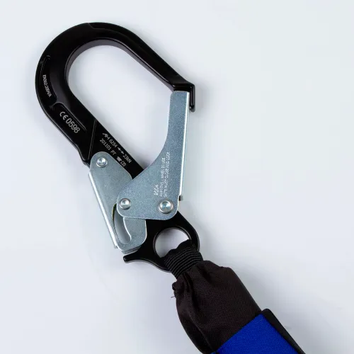 Locking safety carabiner on blue lanyard