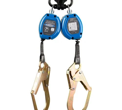 Dual self-retracting lifelines with hooks