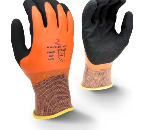Orange and black coated work gloves
