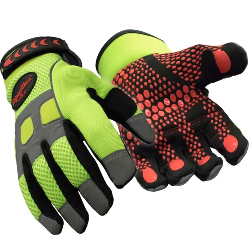 Pair of high-visibility green and red work gloves