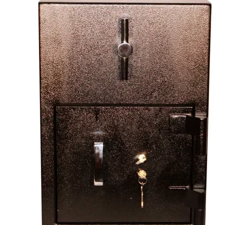 Black drop safe with key in lock
