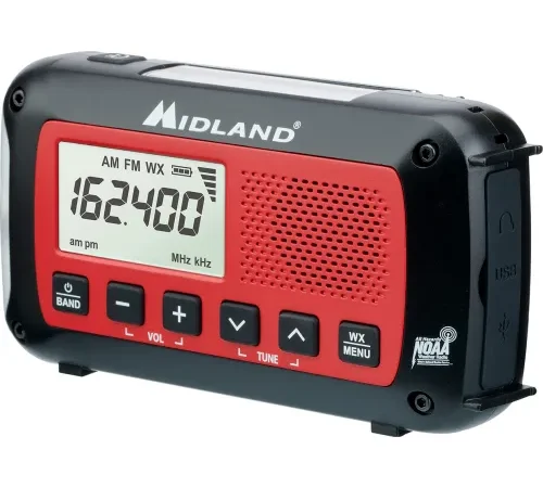Midland Emergency Crank NOAA Weather Radio, Analog, 7 Channels, 162.400-162.550 MHz, Red/Black