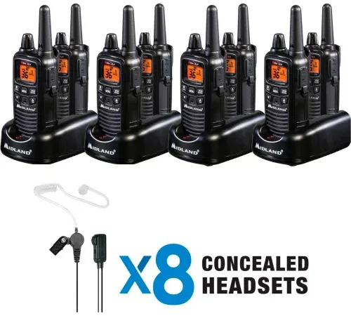 Midland Business Radio Set, 4 Charger & 8 Radios W/ Headsets, Black