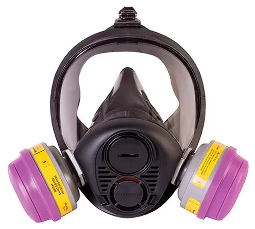 Black full-face respirator with dual purple cartridges