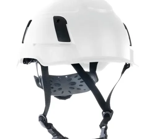 White safety helmet with black chin strap