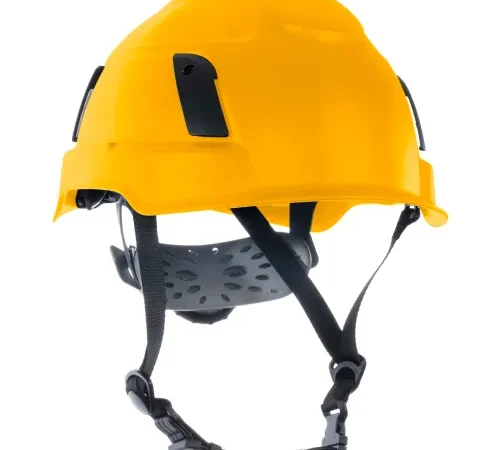 Yellow construction safety helmet with adjustable chinstrap