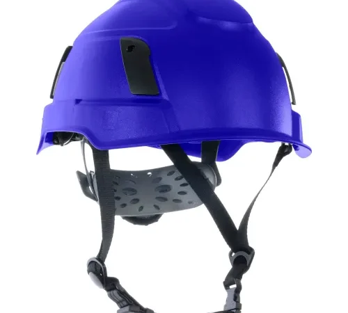 Blue safety helmet with adjustable chin strap