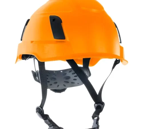 Orange safety helmet with chin strap