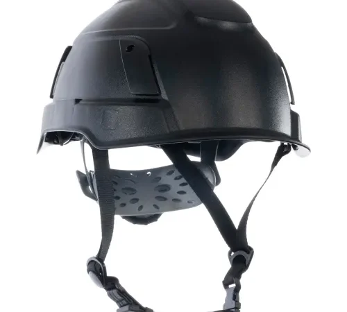 Black tactical ballistic helmet with chin strap