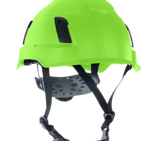 Bright green safety helmet with chin strap