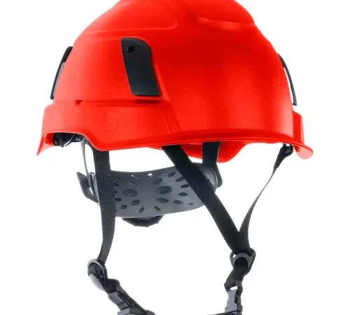 Red safety helmet with adjustable chin strap