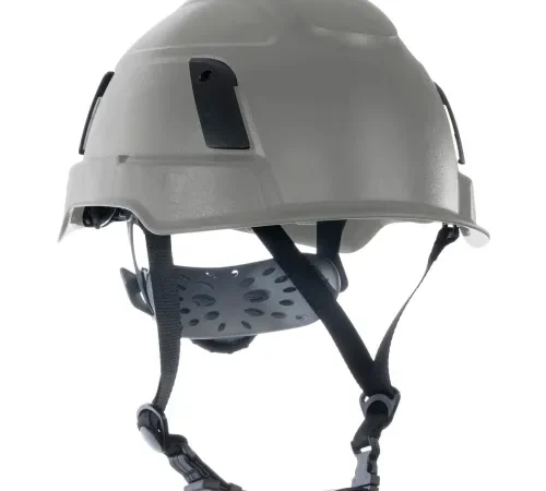 Gray tactical helmet with adjustable chin strap