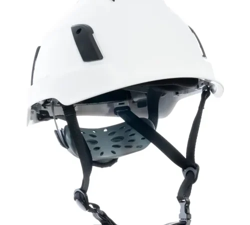 White safety helmet with adjustable chin strap