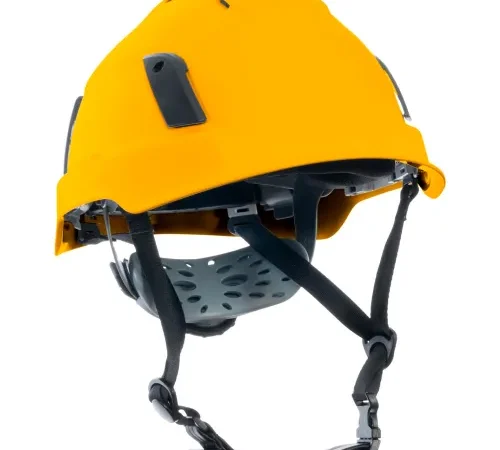 Yellow safety helmet with chin strap