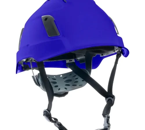 Blue safety helmet with chin straps