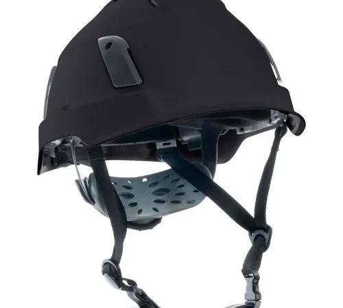 Black safety helmet with chin strap