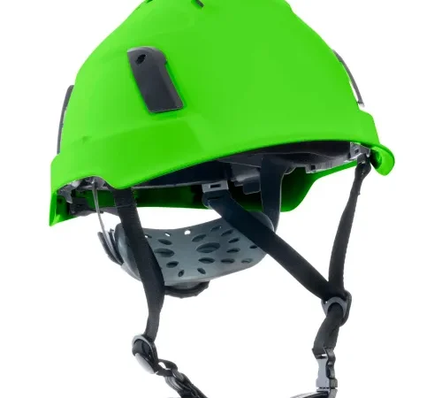 Bright green safety helmet with adjustable chin strap