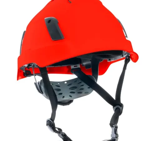Red safety helmet with adjustable chin strap