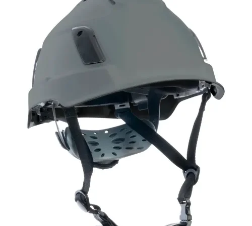 Gray tactical helmet with adjustable chin straps